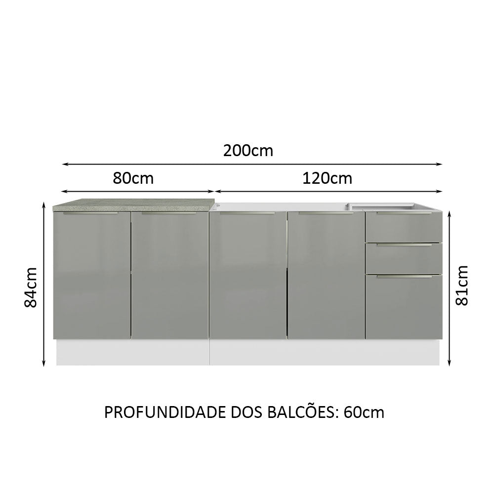 Kit com 2 Balcões de Cozinha 4 Portas 3 Gavetas 200 x 60 cm (Sem Tampo e Pia) Branco/Cinza Lux Madesa