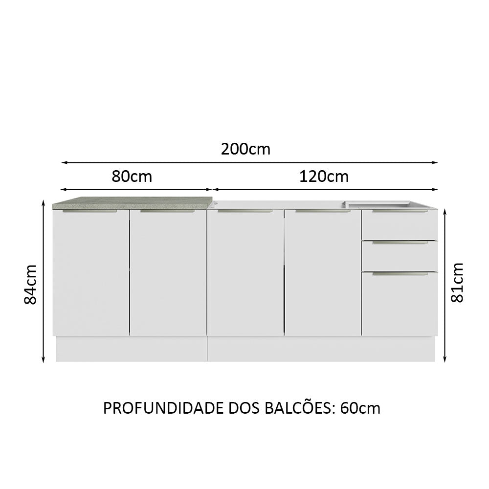 Kit com 2 Balcões de Cozinha 4 Portas 3 Gavetas 200 x 60 cm (Sem Tampo e Pia) Branco/Branco Veludo Lux Madesa