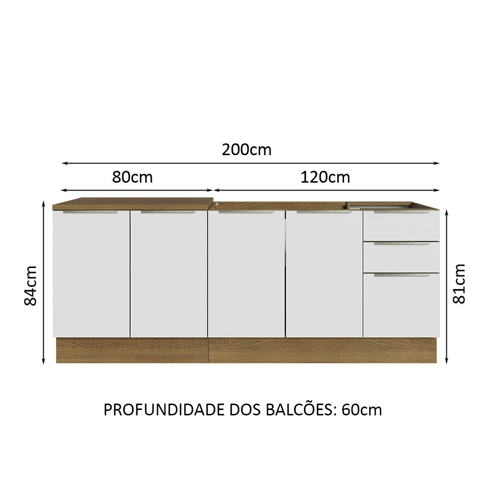 Kit com 2 Balcões de Cozinha 4 Portas 3 Gavetas 200 x 60 cm (Sem Tampo e Pia) Rustic/Branco Veludo Lux Madesa