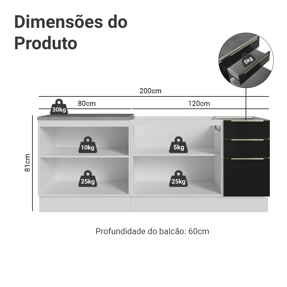 Armário de Cozinha Compacta 200 x 60 cm Branco/Preto Lux Madesa 06