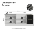 Armário de Cozinha Compacta 200 x 60 cm Branco/Preto Lux Madesa 06