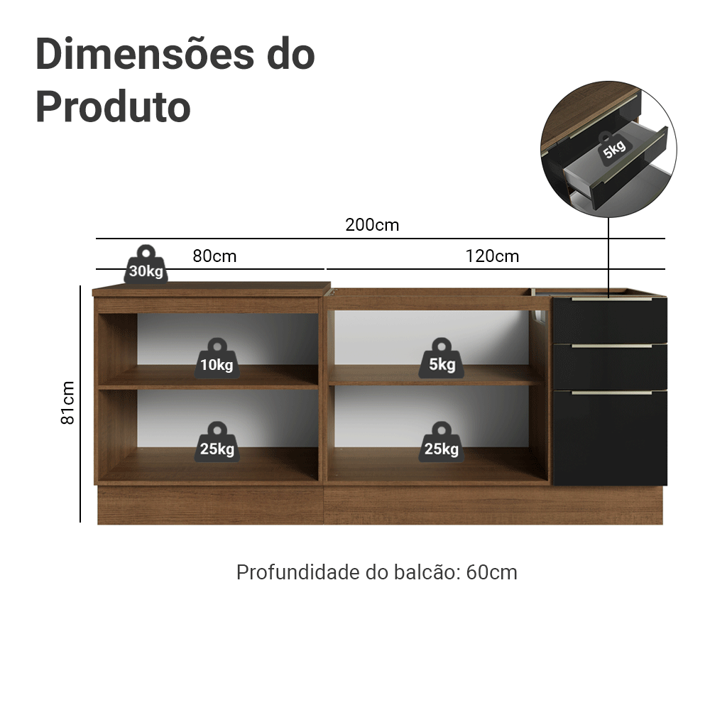 Armário de Cozinha Compacta 200 cm Rustic/Preto Lux Madesa 06