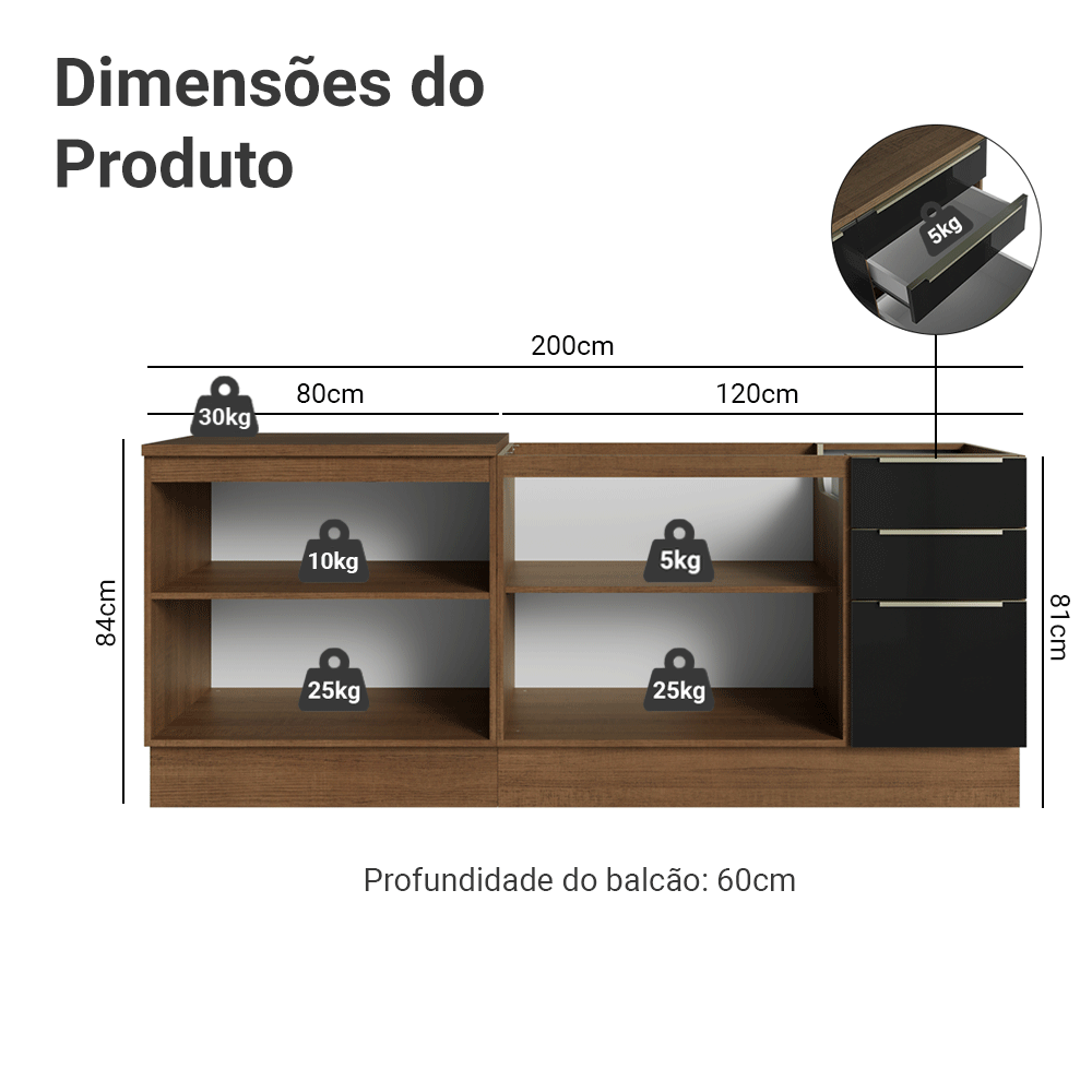 Armário de Cozinha Compacta 200 x 60 cm Rustic/Preto Lux Madesa 06