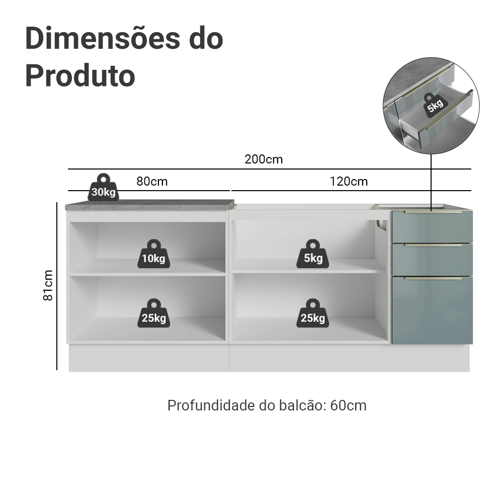 Armário de Cozinha Compacta 200 x 60 cm Branco/Cinza Lux Madesa 06