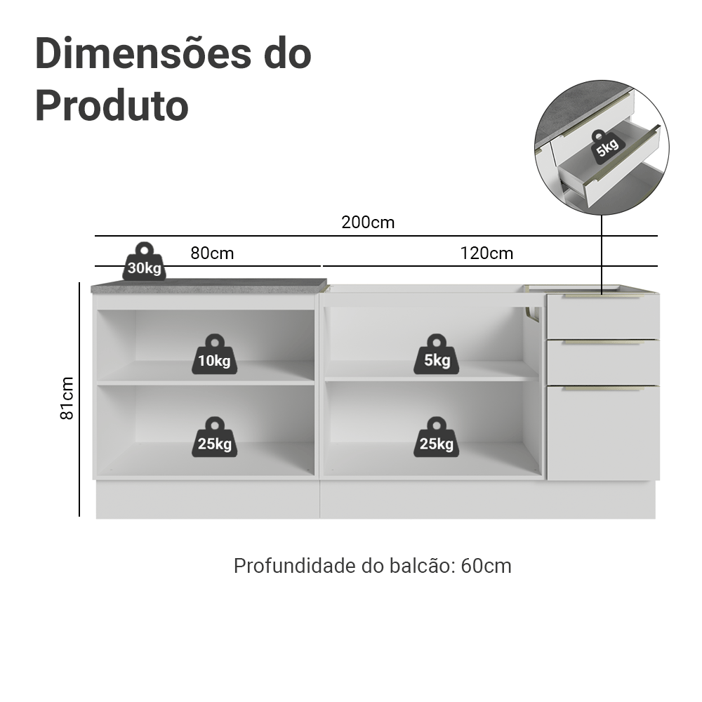 Armário de Cozinha Compacta 200 x 60 cm Branco/Branco Veludo Lux Madesa 06
