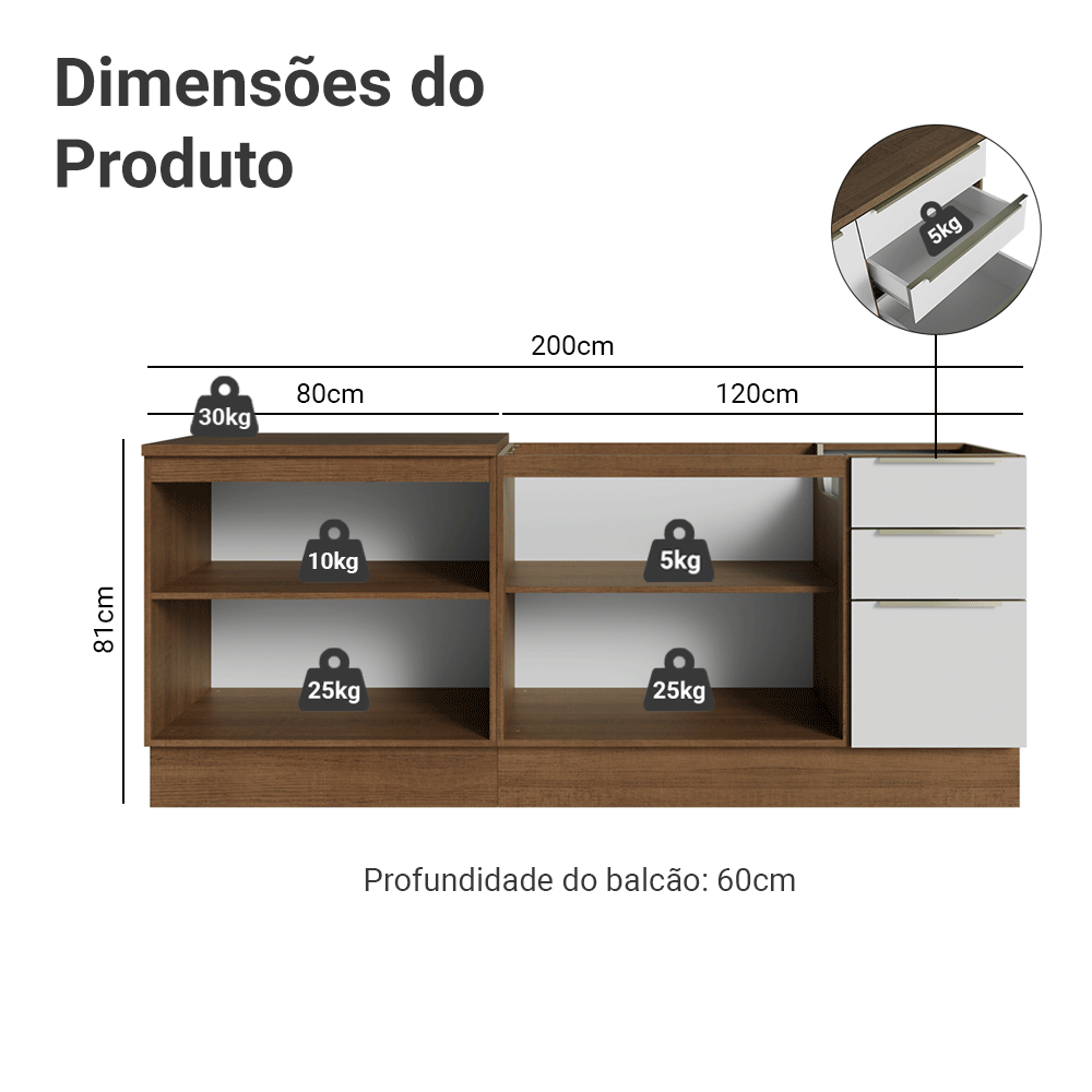 Armário de Cozinha Compacta 200 cm Rustic/Branco Veludo Lux Madesa 06