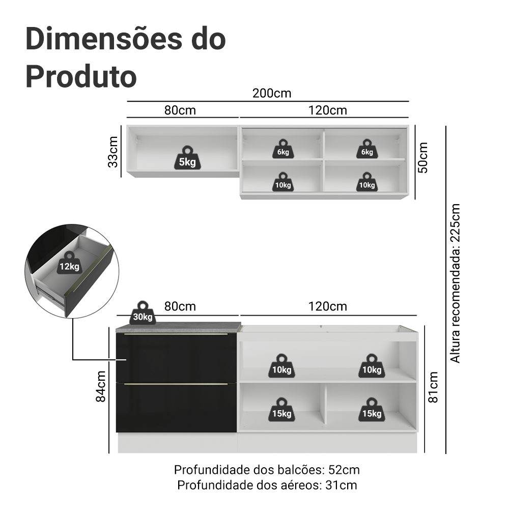 Armário de Cozinha Compacta 200 cm Branco/Preto Lux Madesa 07