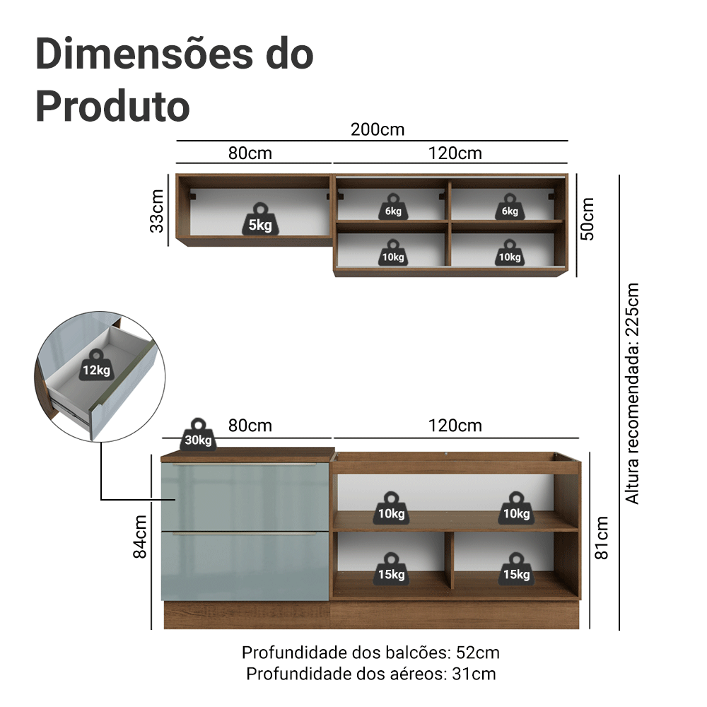 Armário de Cozinha Compacta 200 cm Rustic/Cinza Lux Madesa 07