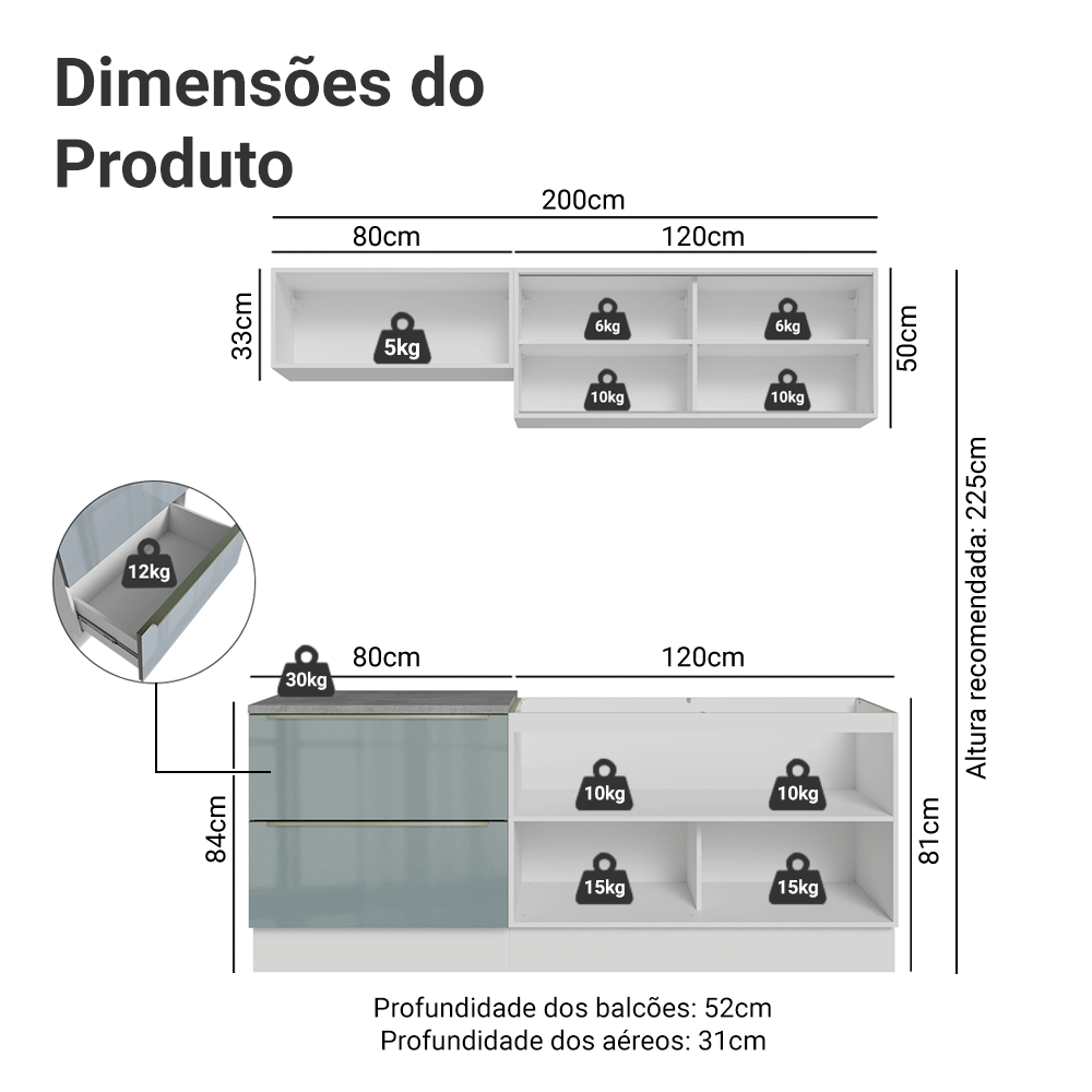 Armário de Cozinha Compacta 200 cm Branco/Cinza Lux Madesa 07