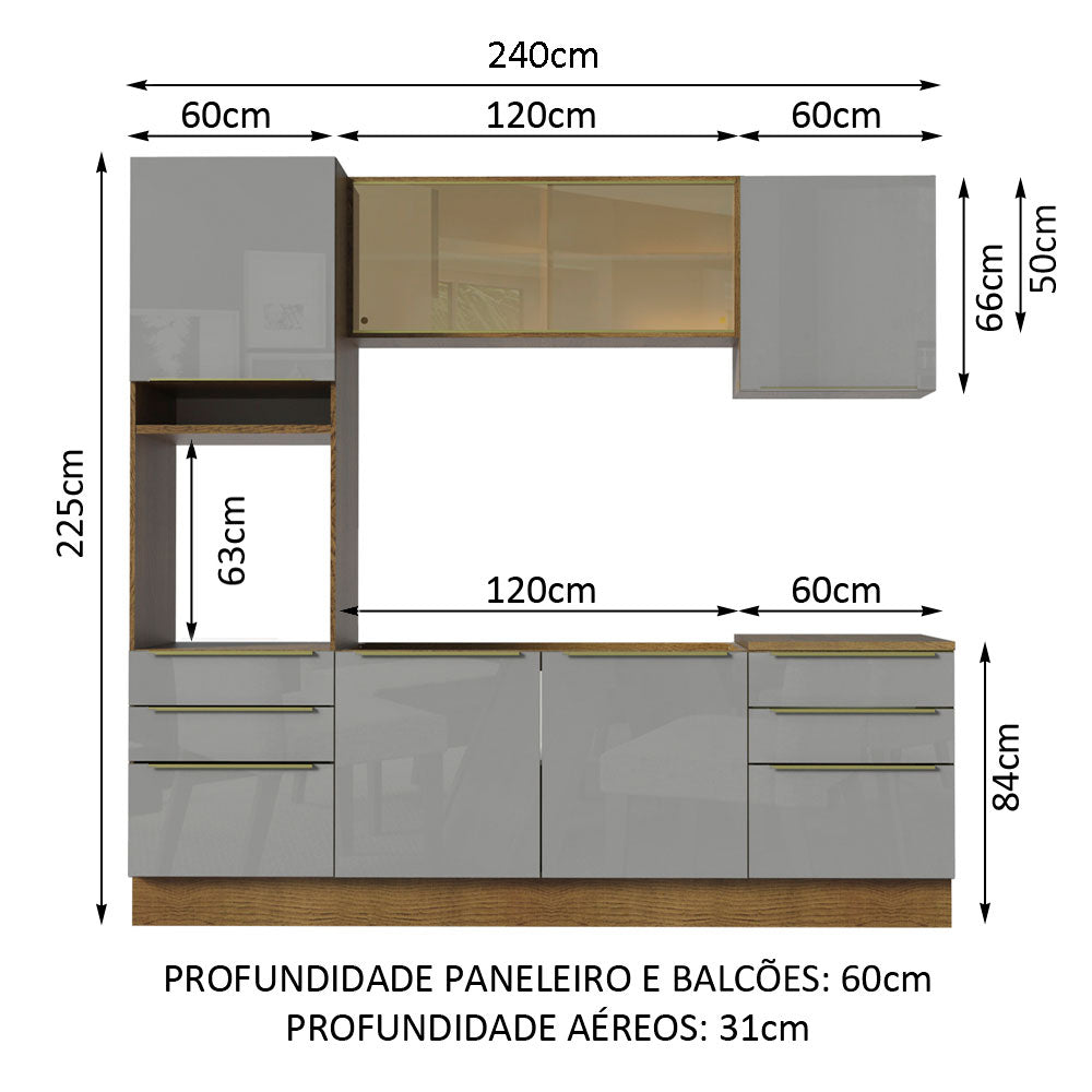 Armário de Cozinha Completa 240cm Rustic/Cinza Lux Madesa 02