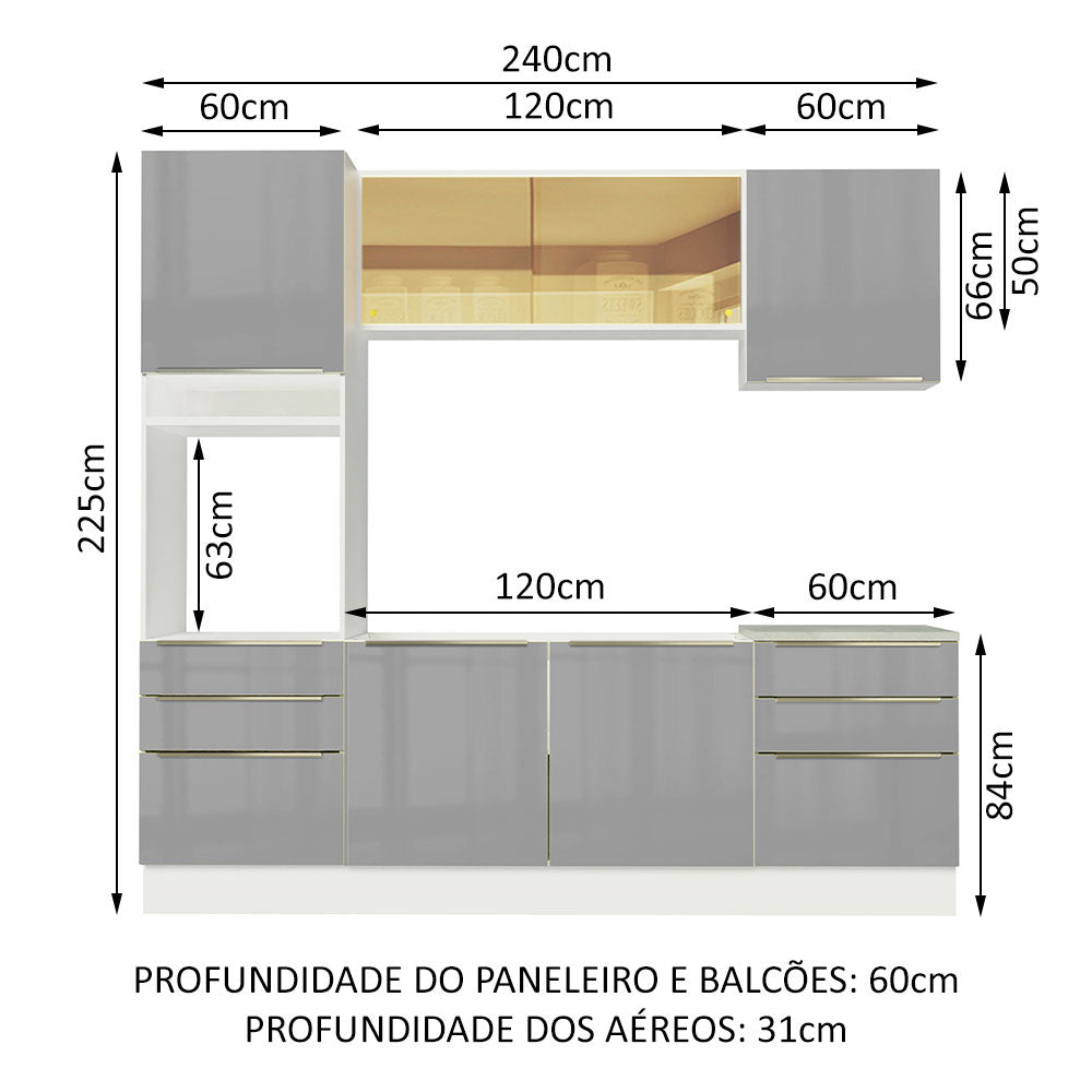 Armário de Cozinha Completa 240 x 60 cm Branco/Cinza Lux Madesa 02