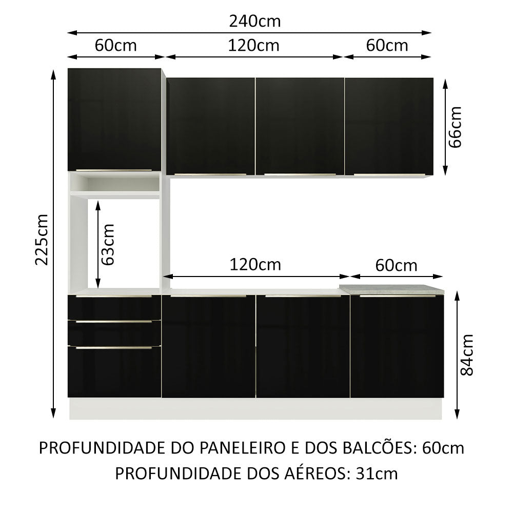 Armário de Cozinha Completa 240 x 60 cm Branco/Preto Lux Madesa 03