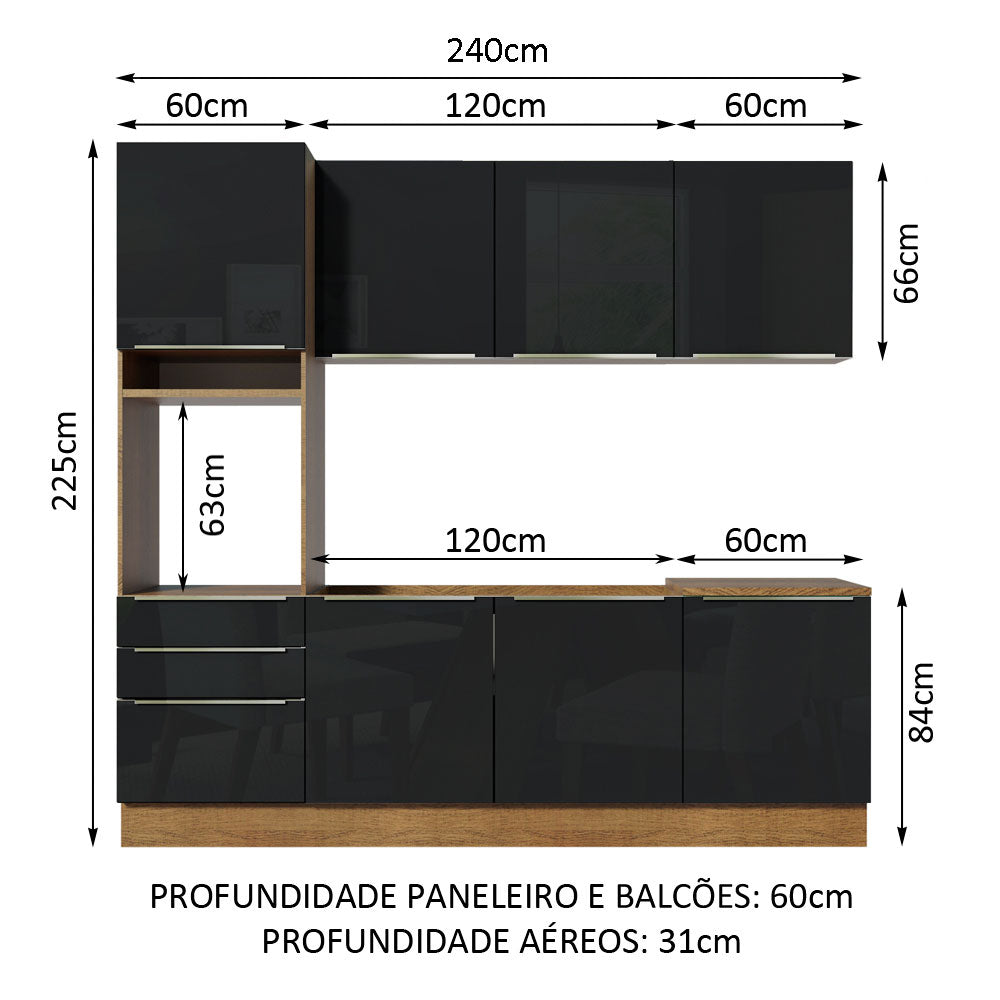 Armário de Cozinha Completa 240 x 60 cm Rustic/Preto Lux Madesa 03