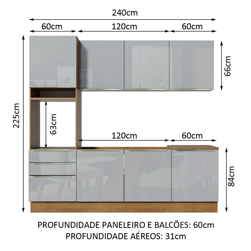 Armário de Cozinha Completa 240 x 60 cm Rustic/Cinza Lux Madesa 03