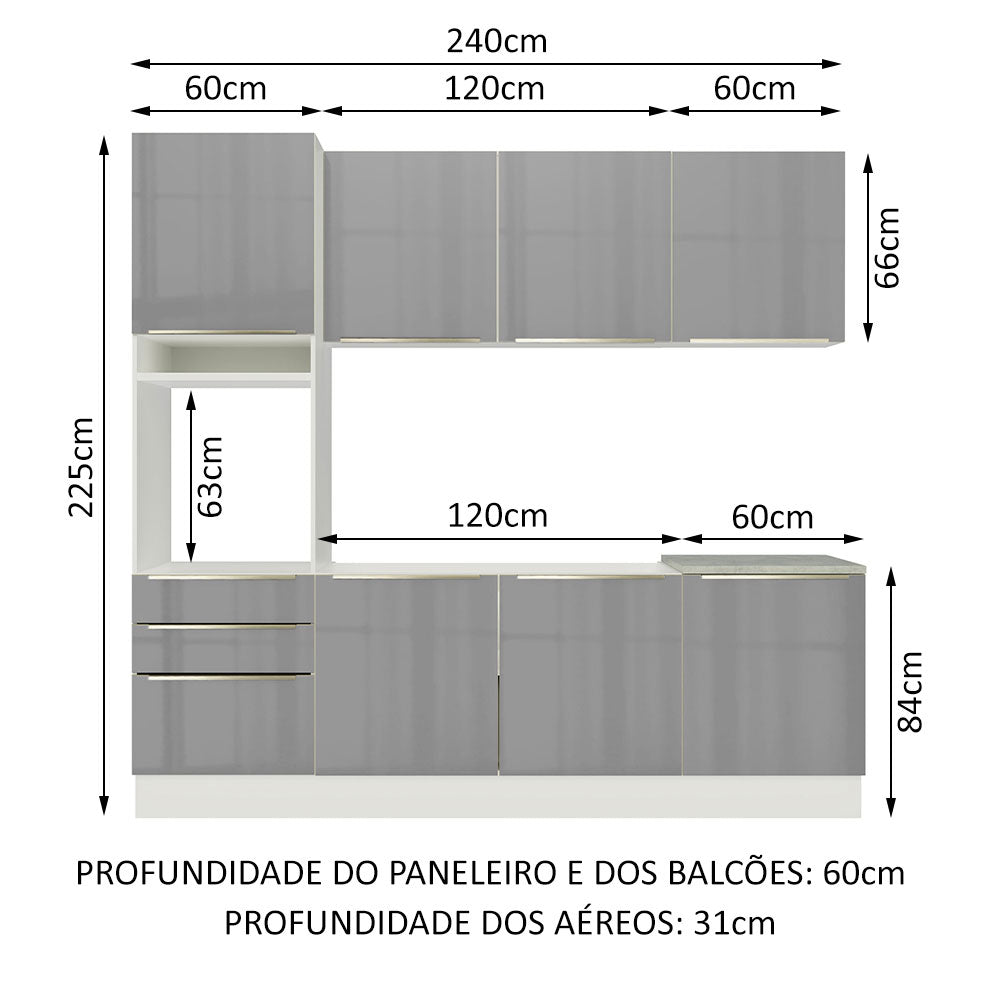 Armário de Cozinha Completa 240 x 60 cm Branco/Cinza Lux Madesa 03