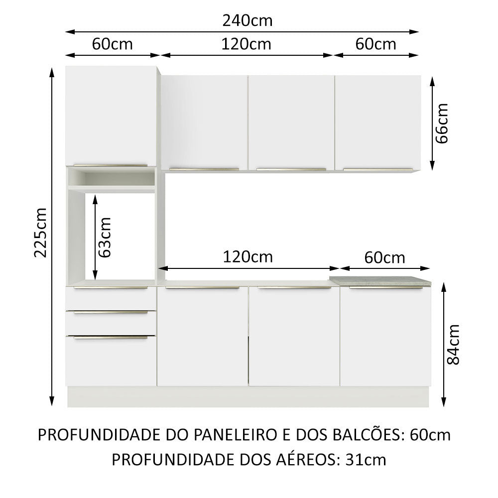 Armário de Cozinha Completa 240 x 60 cm Branco Branco Veludo Lux Madesa 03