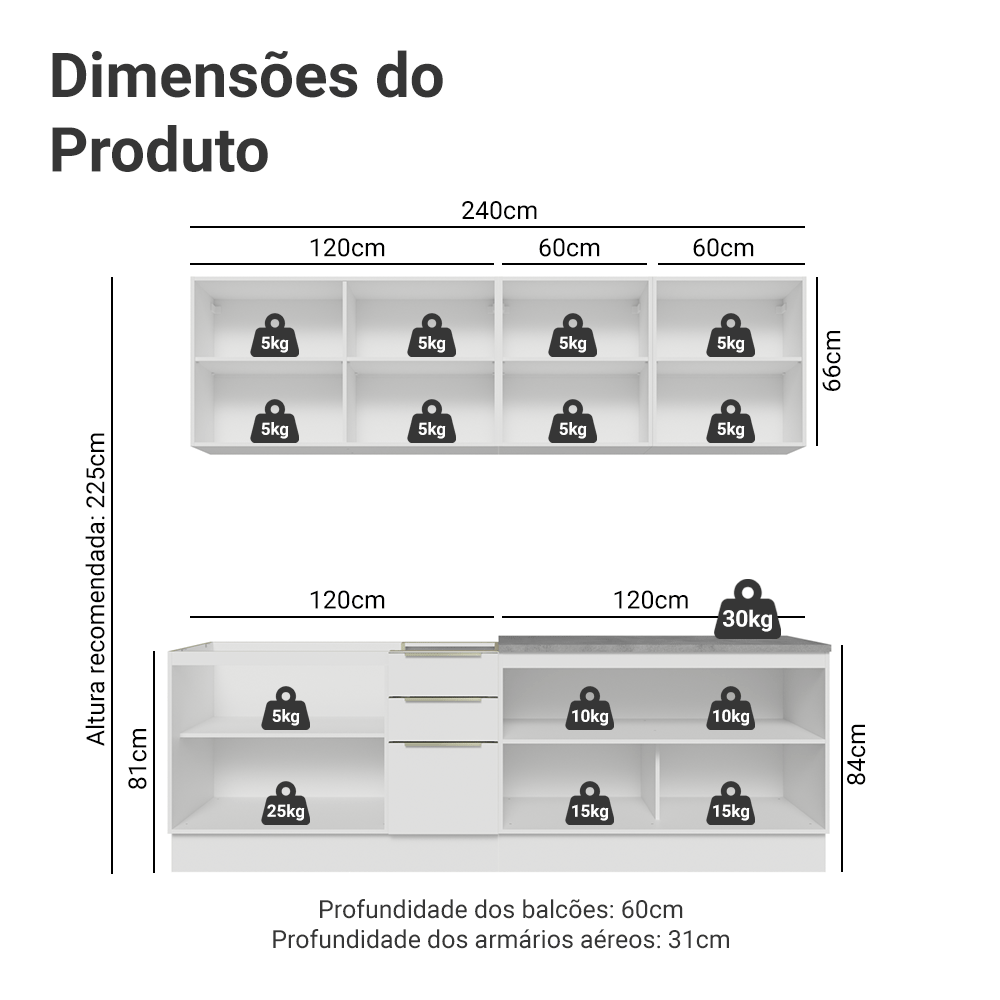 Armário de Cozinha Completa 240 x 60 cm Branco Veludo Lux Madesa 05
