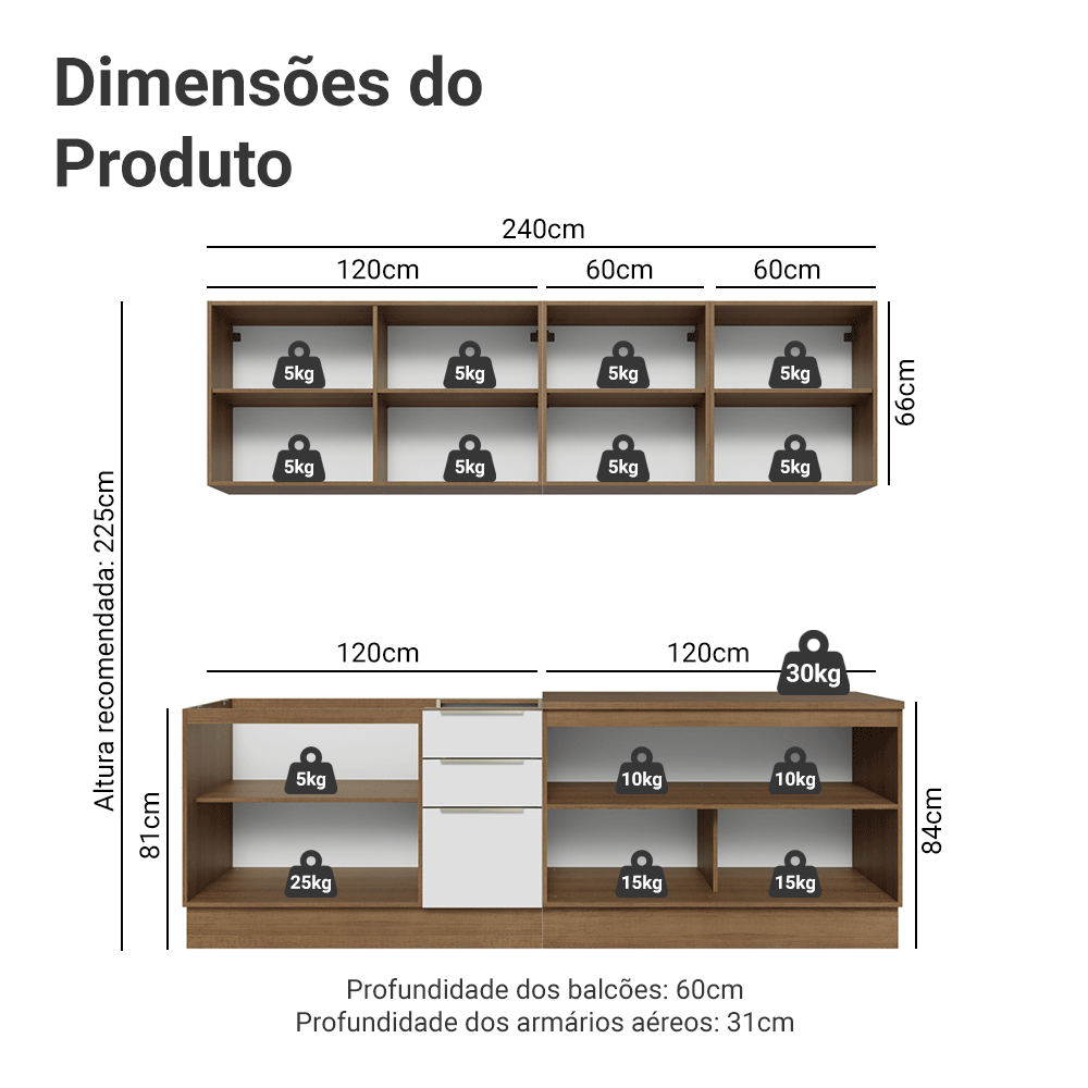Armário de Cozinha Completa 240 x 60 cm Rustic/Branco Veludo Lux Madesa 05