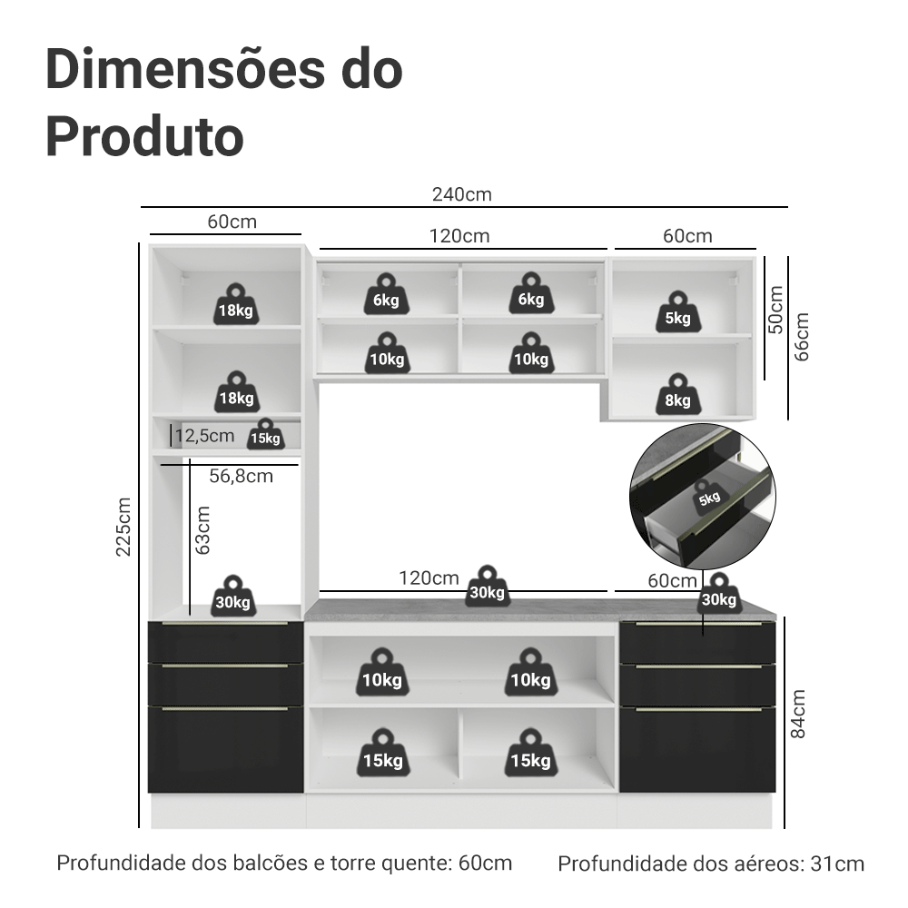 Armário de Cozinha Completa 240cm Branco/Preto Lux Madesa 08