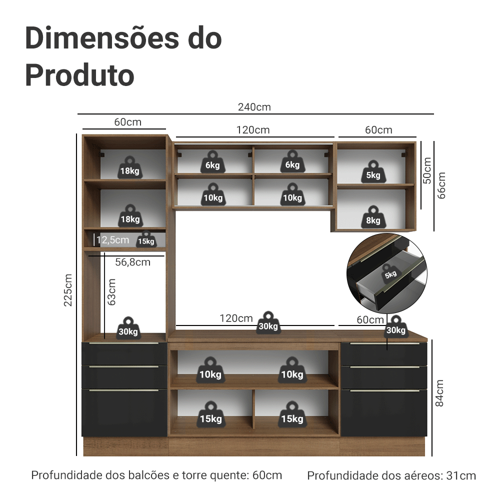 Armário de Cozinha Completa 240 x 60 cm Rustic/Preto Lux Madesa 08