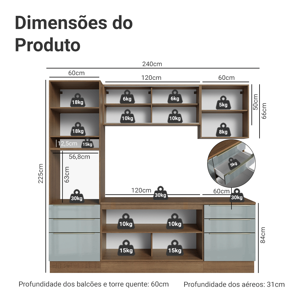 Armário de Cozinha Completa 240 x 60 cm Rustic/Cinza Lux Madesa 08
