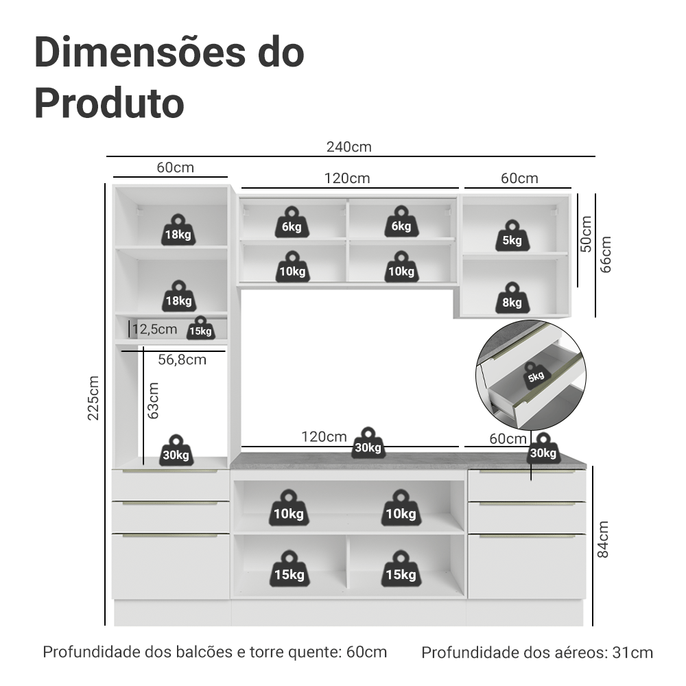Armário de Cozinha Completa 240 x 60 cm Branco Veludo Lux Madesa 08