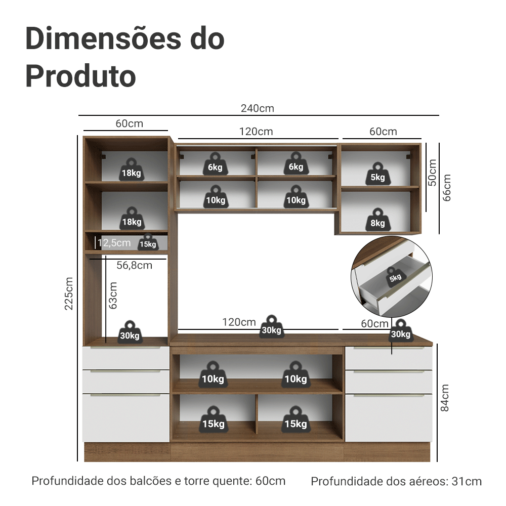Armário de Cozinha Completa 240 x 60 cm Rustic/Branco Lux Madesa 08