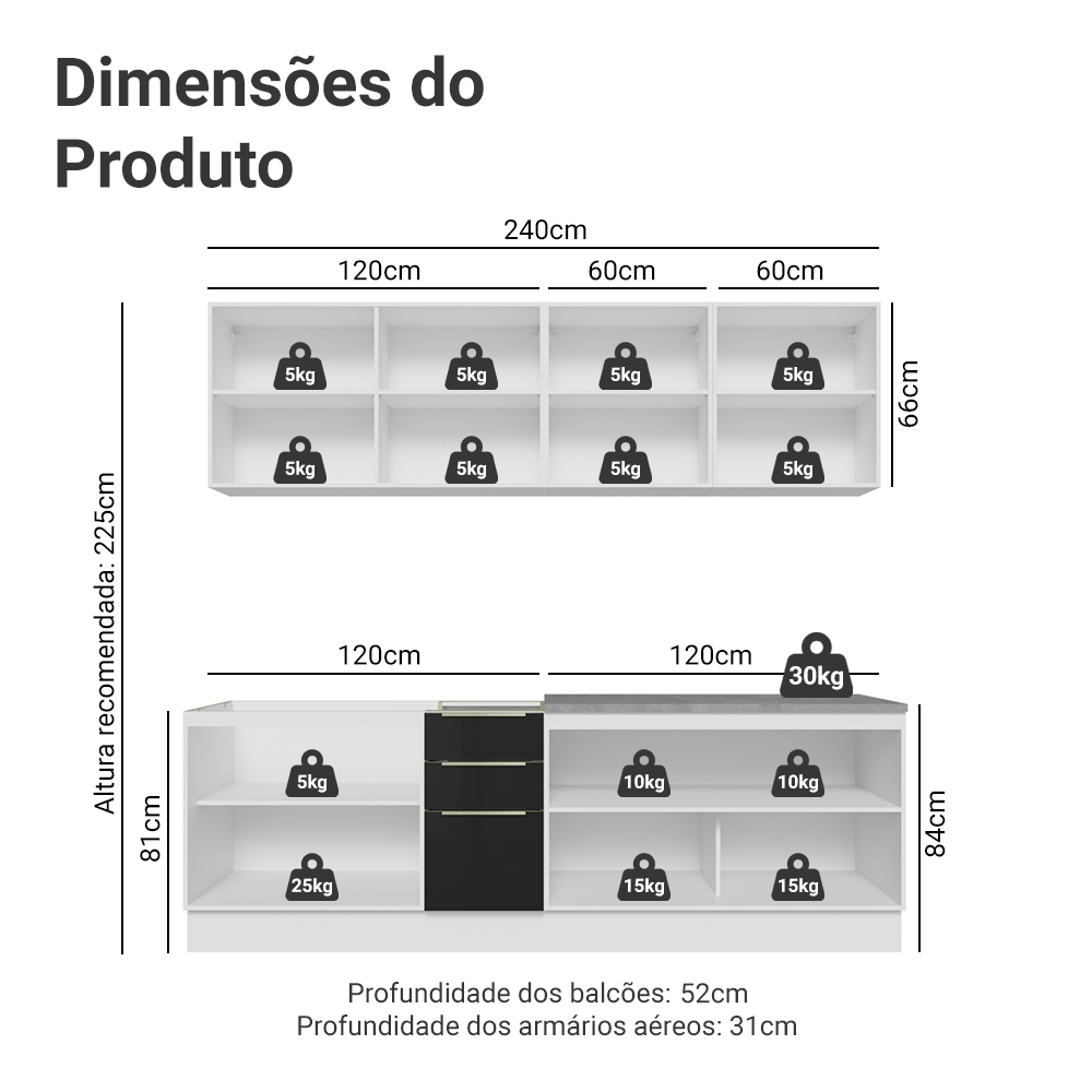 Armário de Cozinha Completa 240 cm Branco/Preto Lux Madesa 09