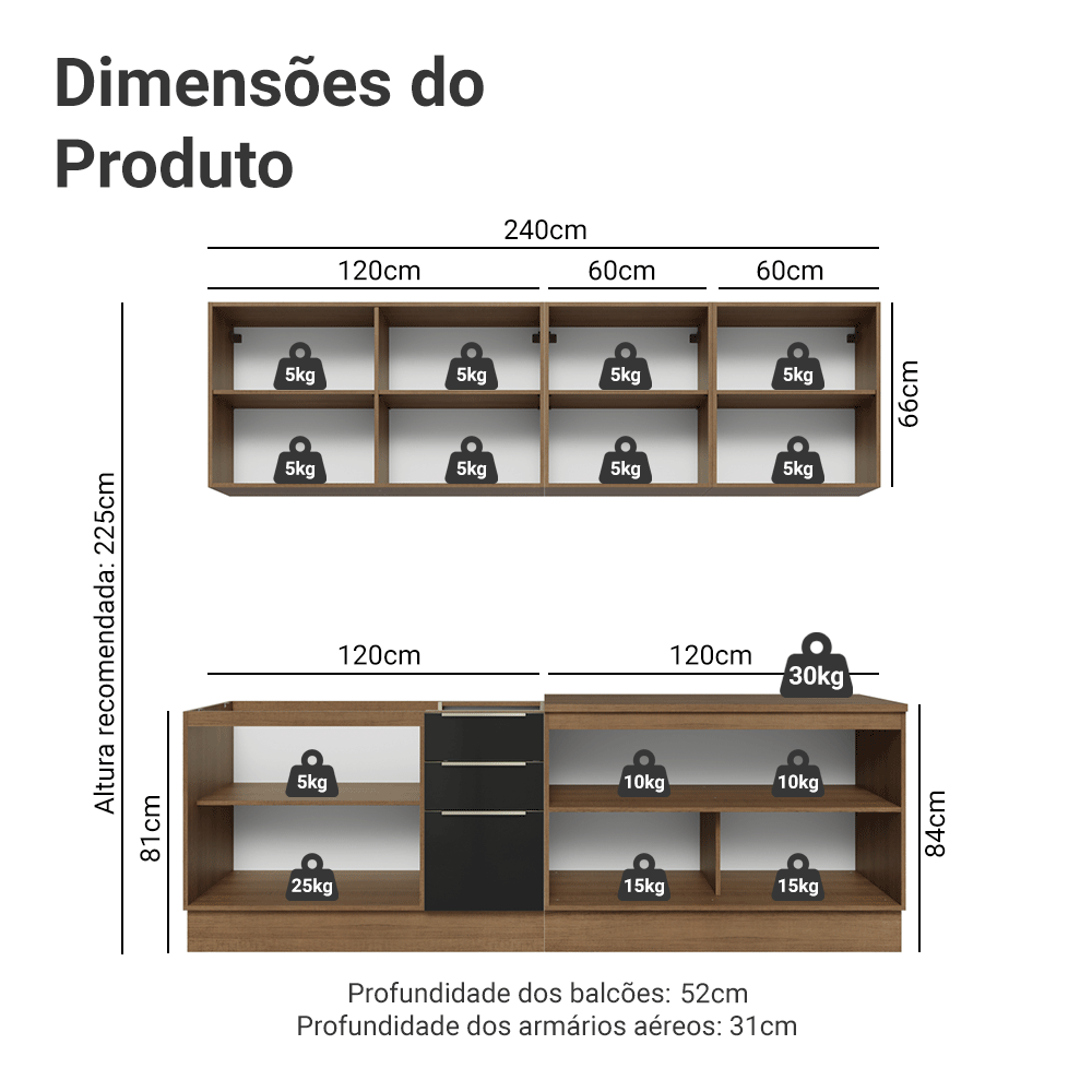 Armário de Cozinha Completa 240 cm Rustic/Preto Lux Madesa 09