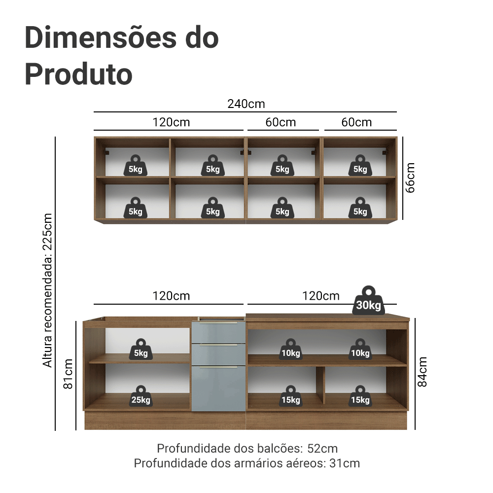 Armário de Cozinha Completa 240 cm Rustic/Cinza Lux Madesa 09