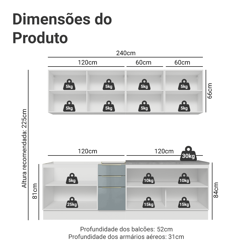 Armário de Cozinha Completa 240 cm Branco/Cinza Lux Madesa 09