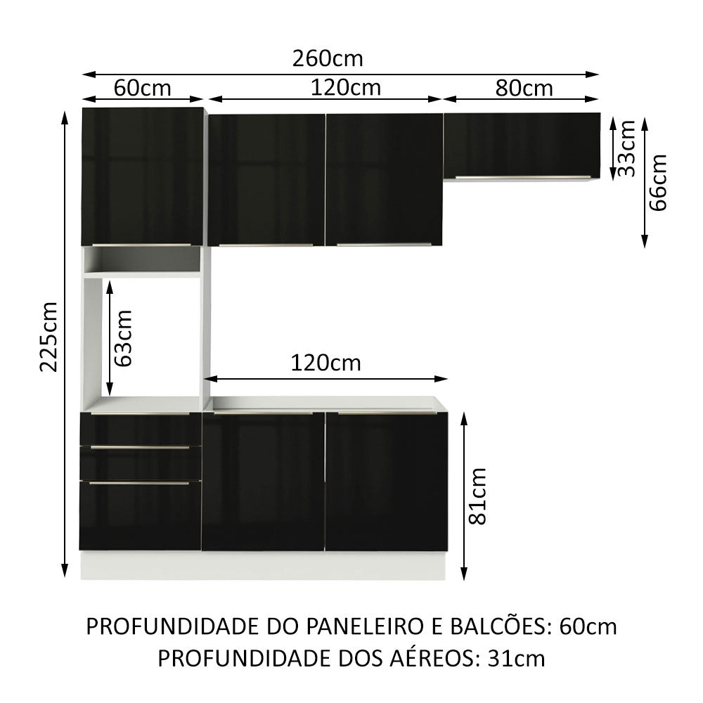 Armário de Cozinha Completa 260cm Branco/Preto Lux Madesa 03
