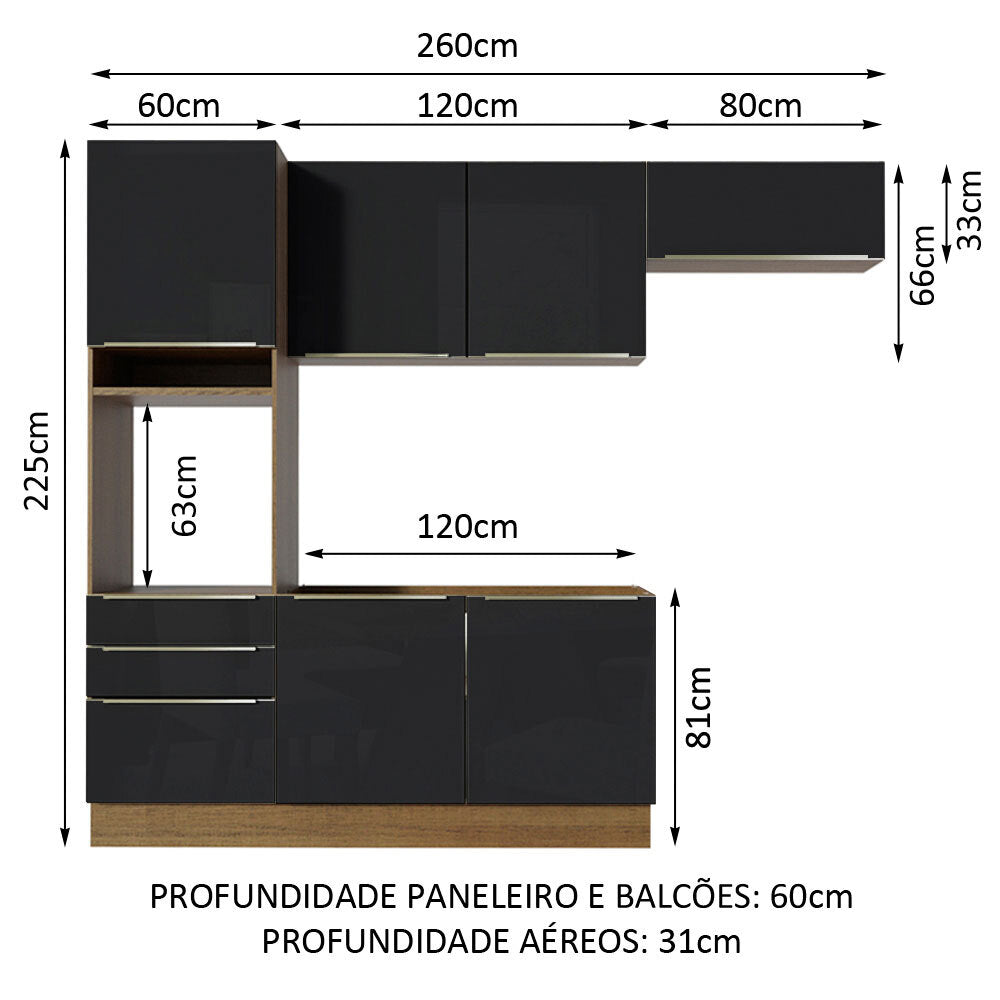 Armário de Cozinha Completa 260 x 60 cm Rustic/Preto Lux Madesa 03