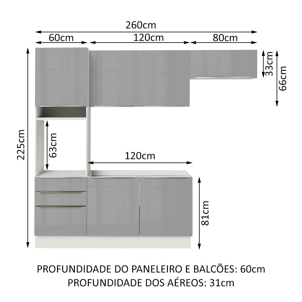 Armário de Cozinha Completa 260cm Branco/Cinza Lux Madesa 03