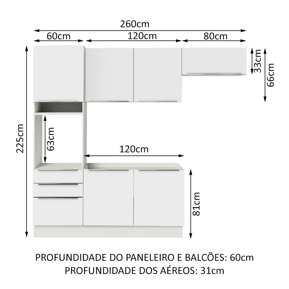Armário de Cozinha Completa 260 x 60 cm Branco Branco Veludo Lux Madesa 03