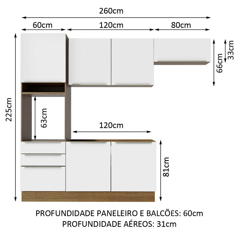 Armário de Cozinha Completa 260 x 60 cm Rustic/Branco Veludo Lux Madesa 03