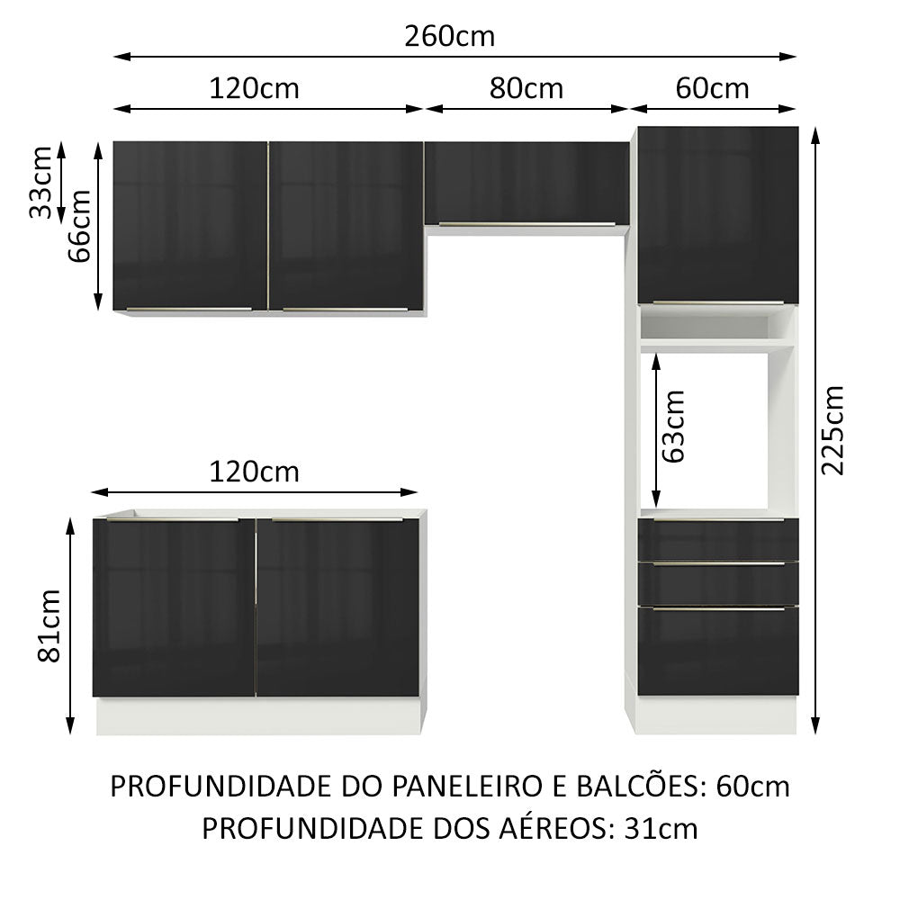 Armário de Cozinha Completa 260 x 60 cm Branco/Preto Lux Madesa 05
