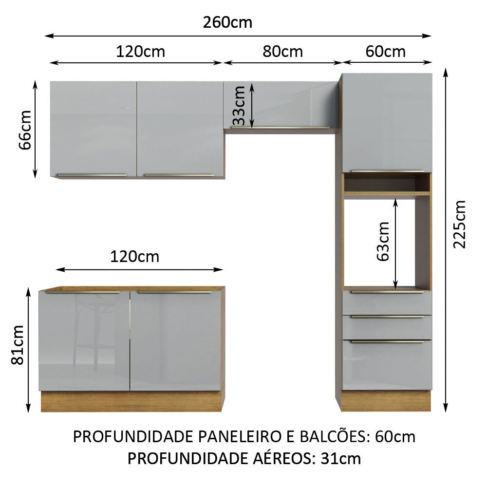 Armário de Cozinha Completa 260 x 60 cm Rustic/Cinza Lux Madesa 05