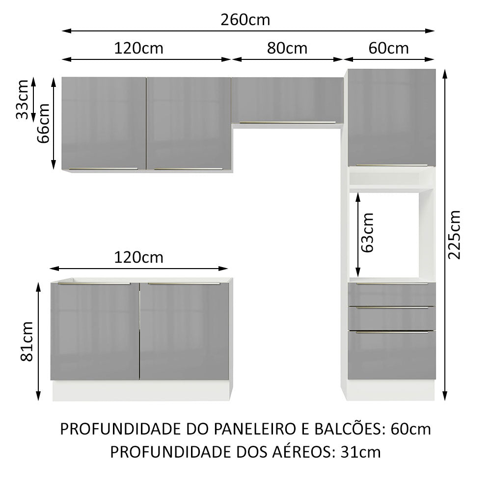 Armário de Cozinha Completa 260 x 60 cm Branco/Cinza Lux Madesa 05