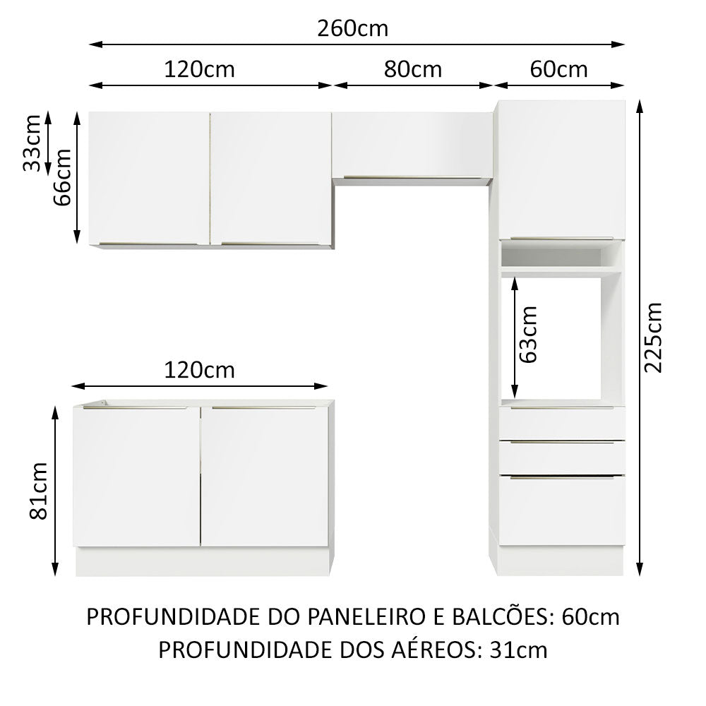 Armário de Cozinha Completa 260 x 60 cm Branco Branco Veludo Lux Madesa 05