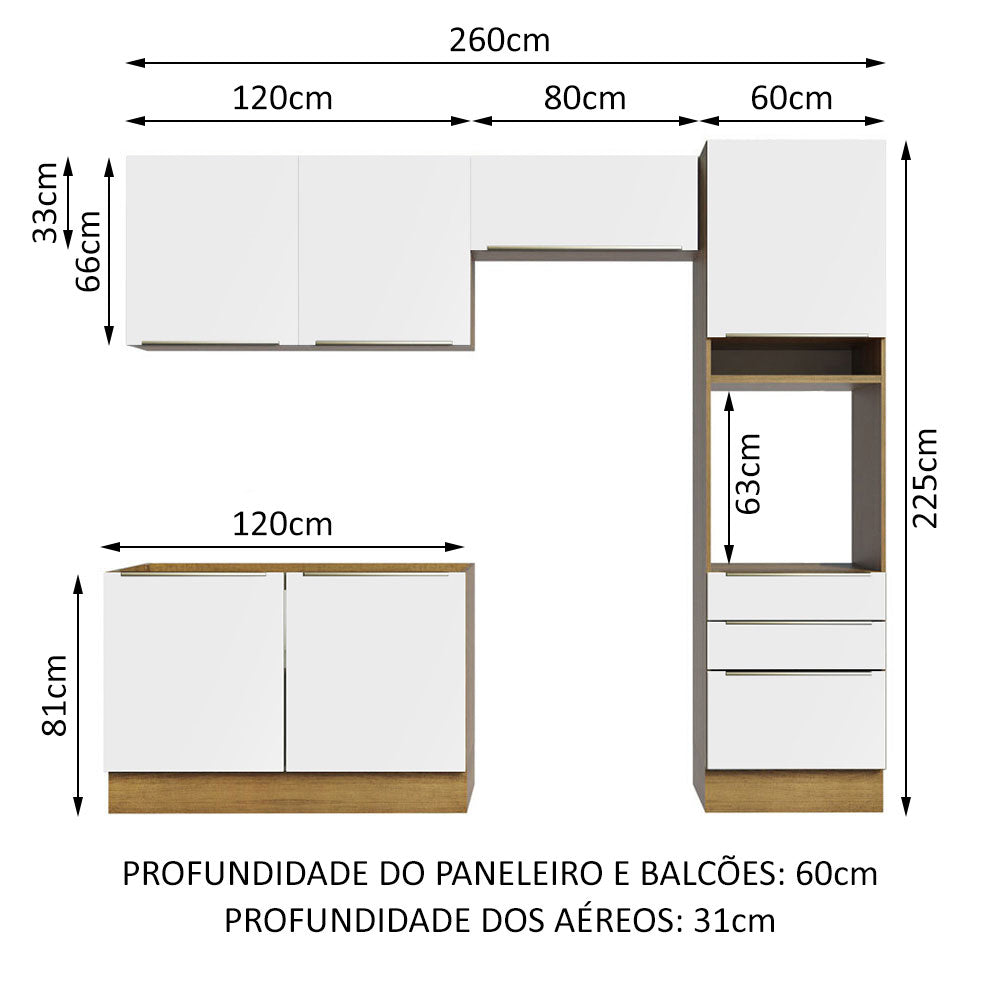 Armário de Cozinha Completa 260 x 60 cm Rustic Branco Veludo Lux Madesa 05