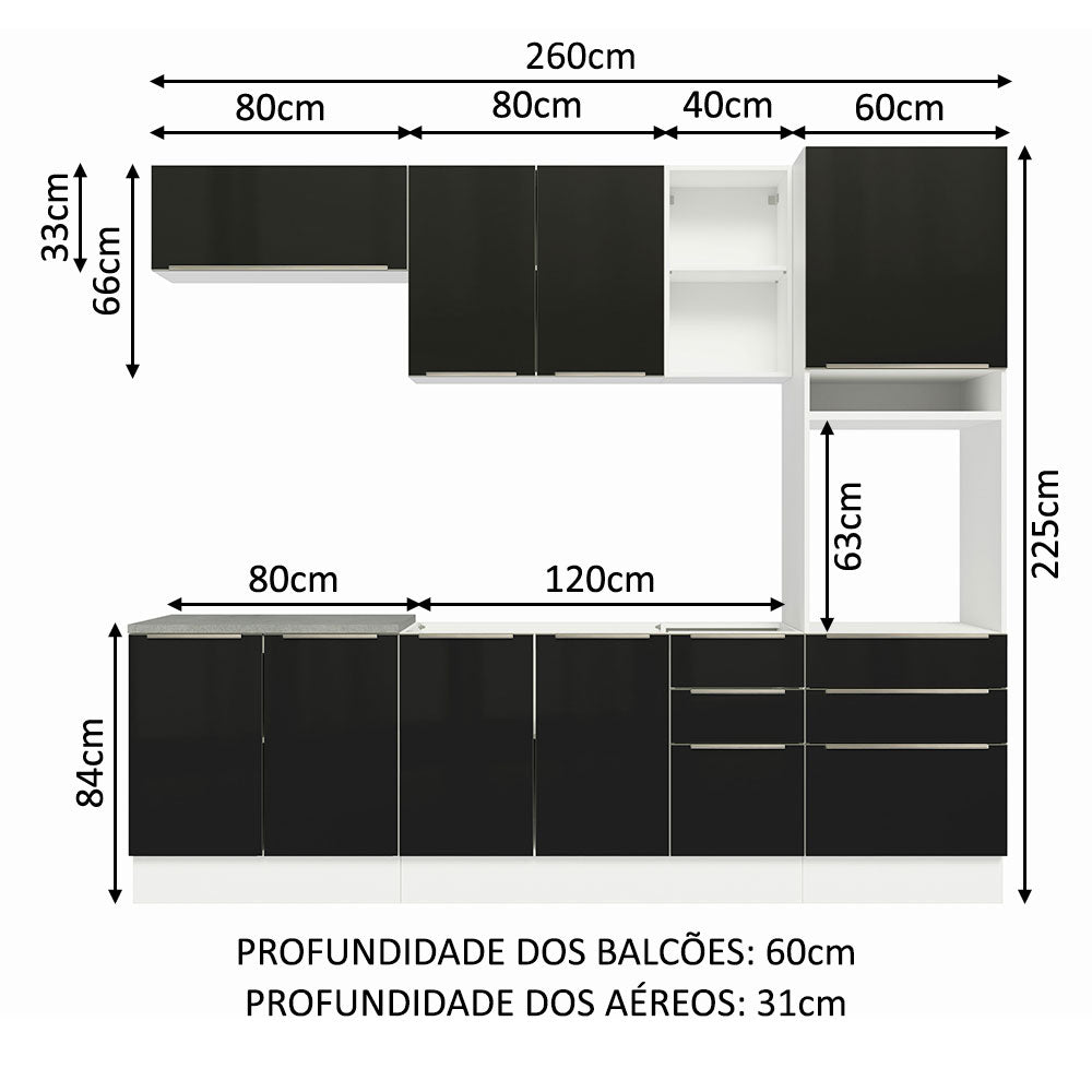 Armário de Cozinha Completa 260 x 60 cm Branco/Preto Lux Madesa 08