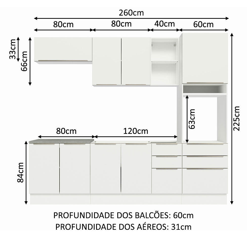 Armário de Cozinha Completa 260 x 60 cm Branco Veludo Lux Madesa 08