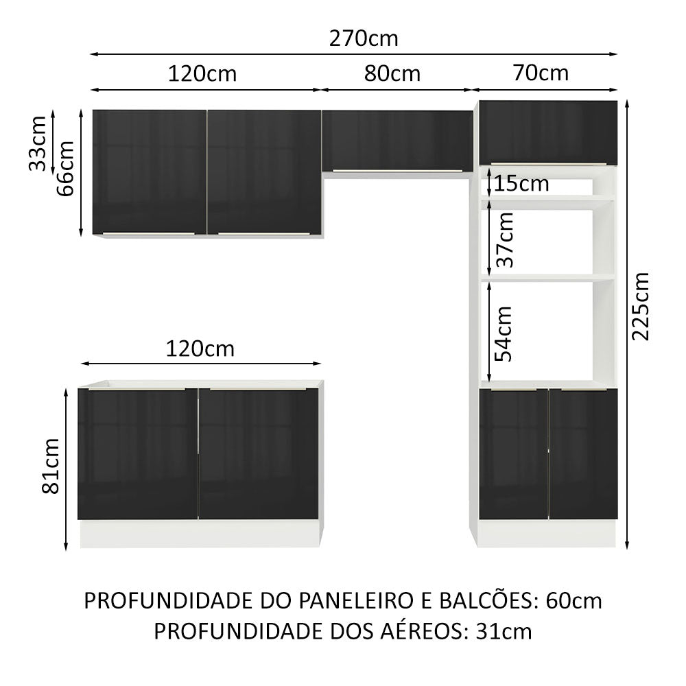 Armário de Cozinha Completa 270 x 60 cm Branco Preto Lux Madesa 01