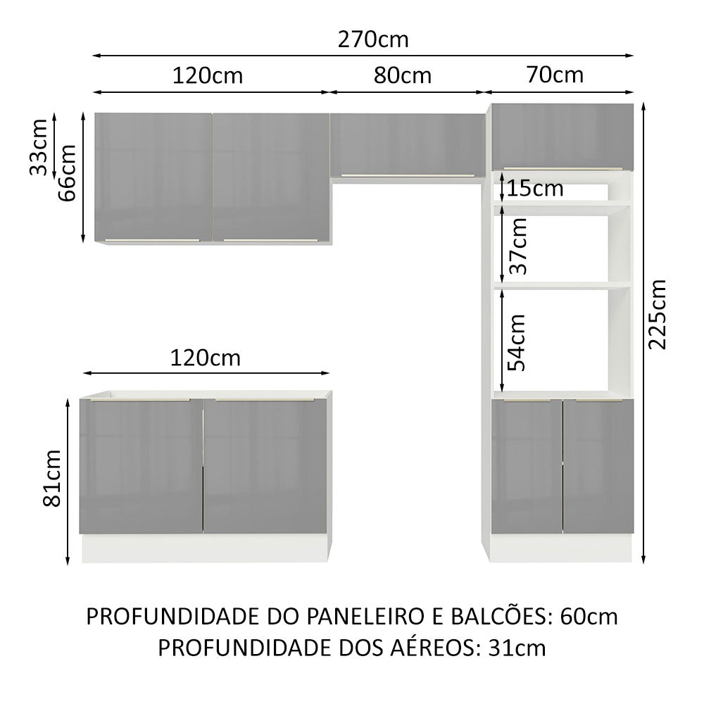 Armário de Cozinha Completa 270 x 60 cm Branco Cinza Lux Madesa 01