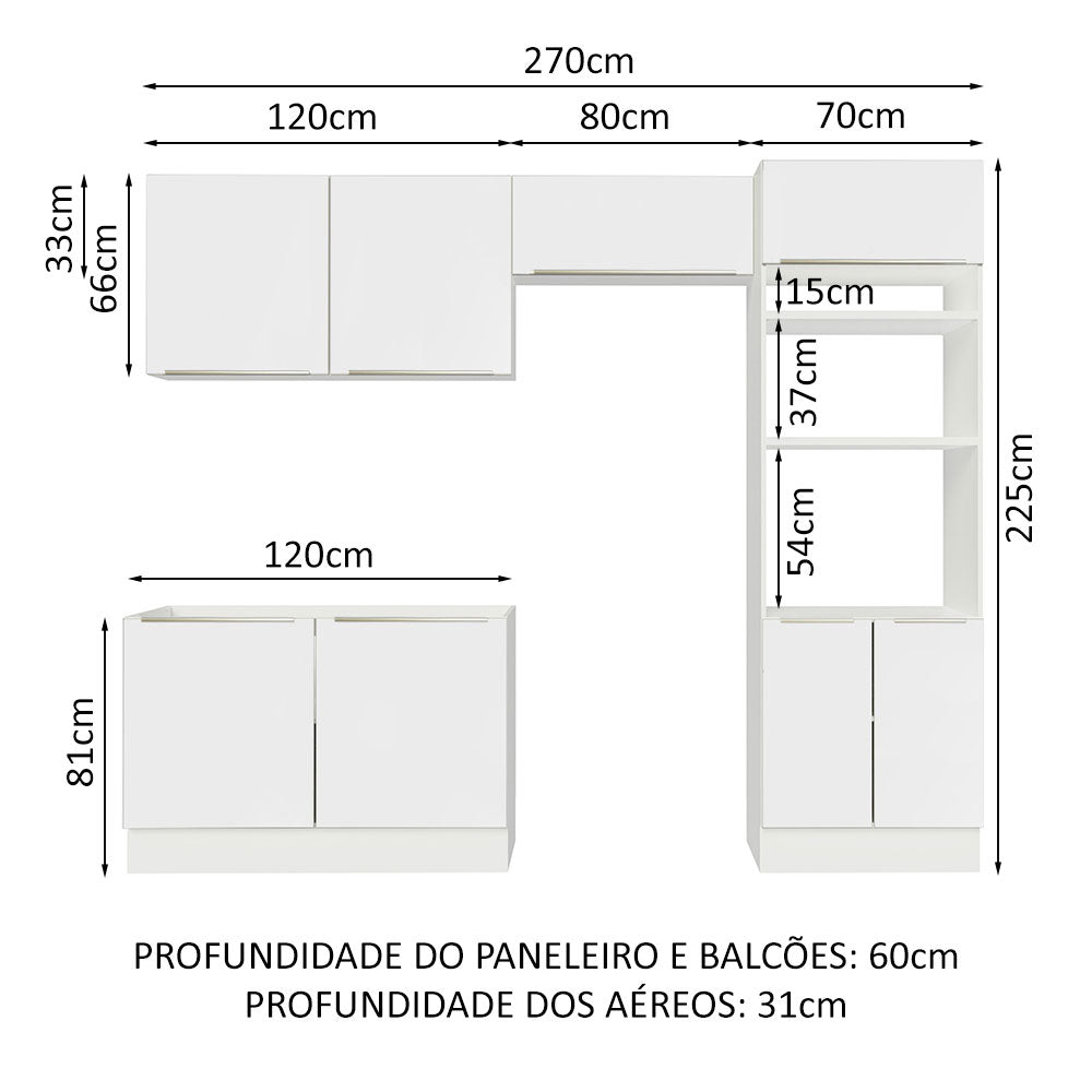 Armário de Cozinha Completa 270 x 60 cm Branco Branco Veludo Lux Madesa 01