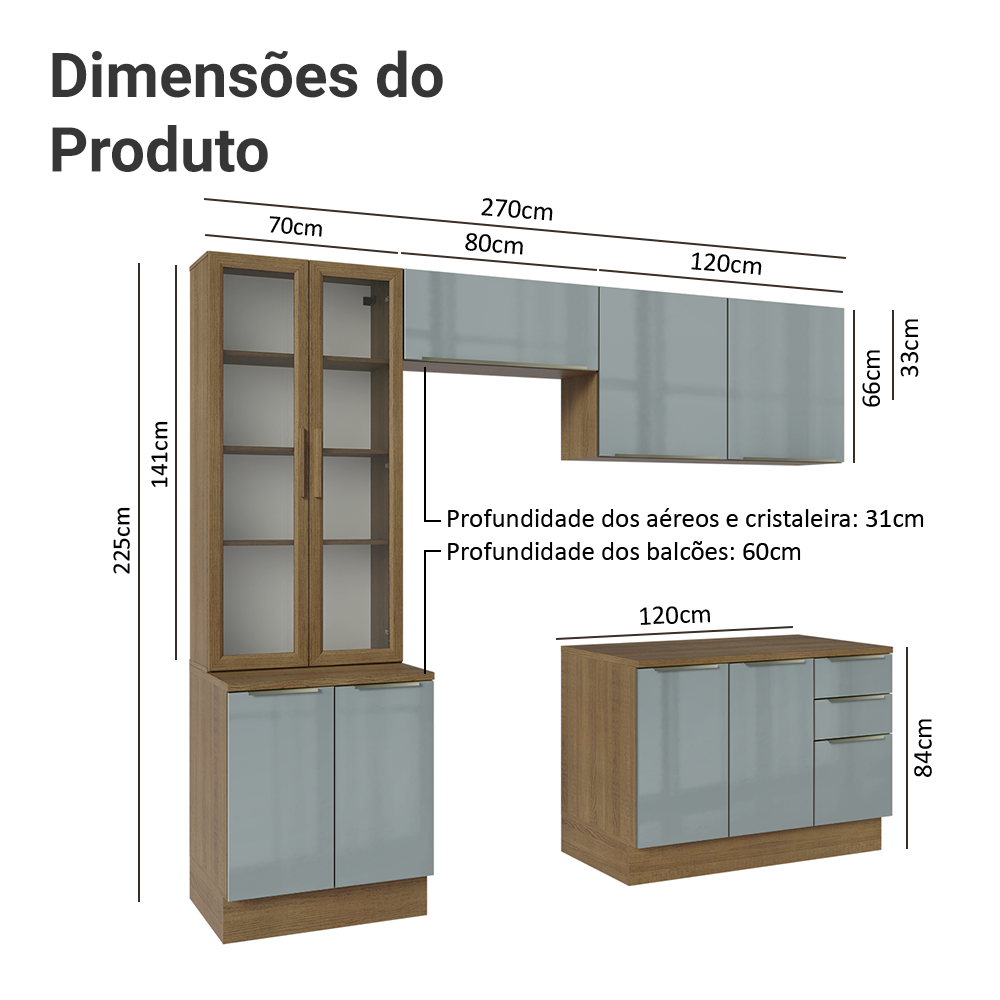 Armário de Cozinha Completa 270 x 60 cm Rustic/Cinza Lux Madesa 04