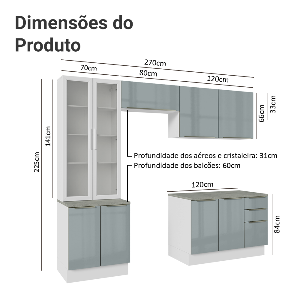 Armário de Cozinha Completa 270 x 60 cm Branco/Cinza Lux Madesa 04