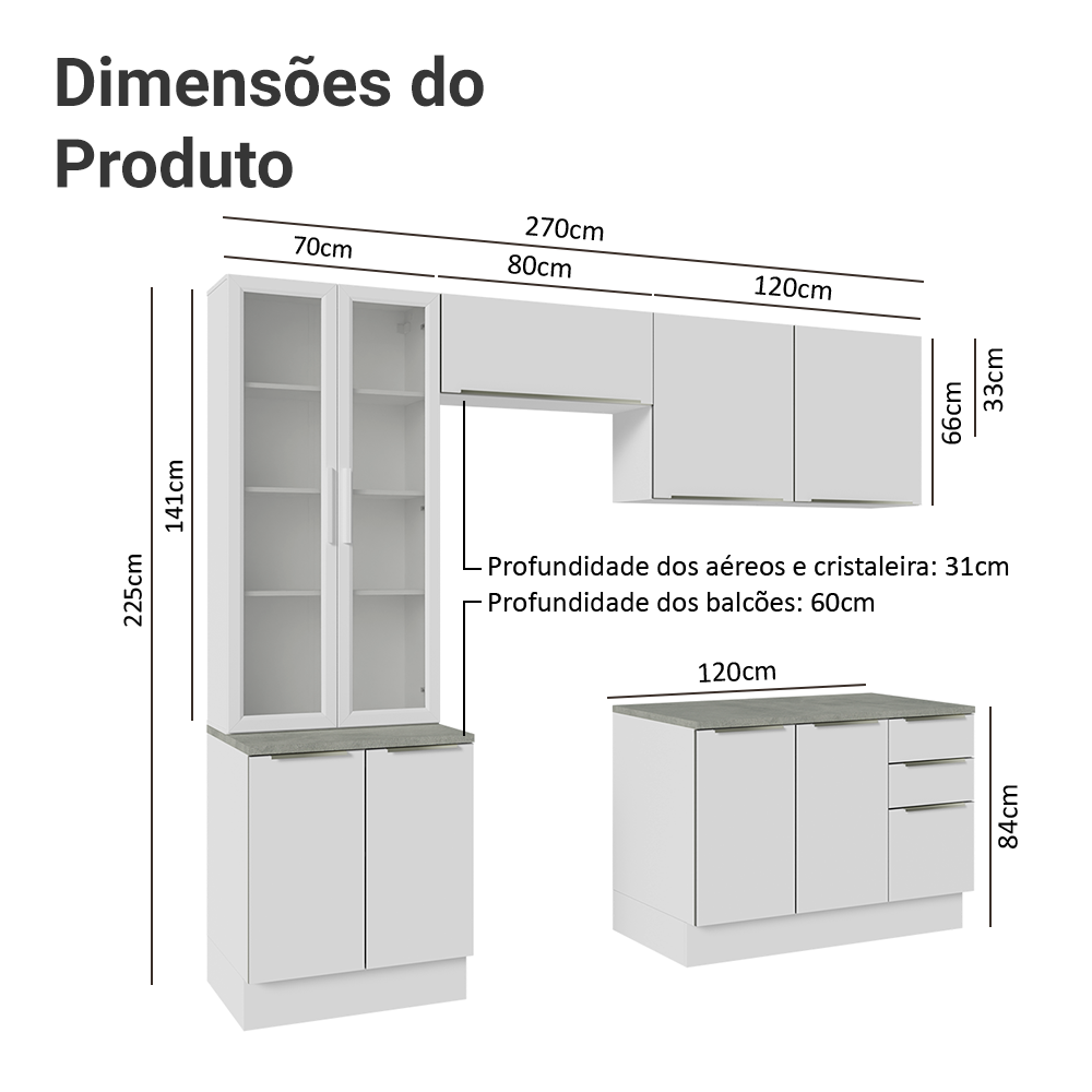 Armário de Cozinha Completa 270 x 60 cm Branco/Branco Veludo Lux Madesa 04