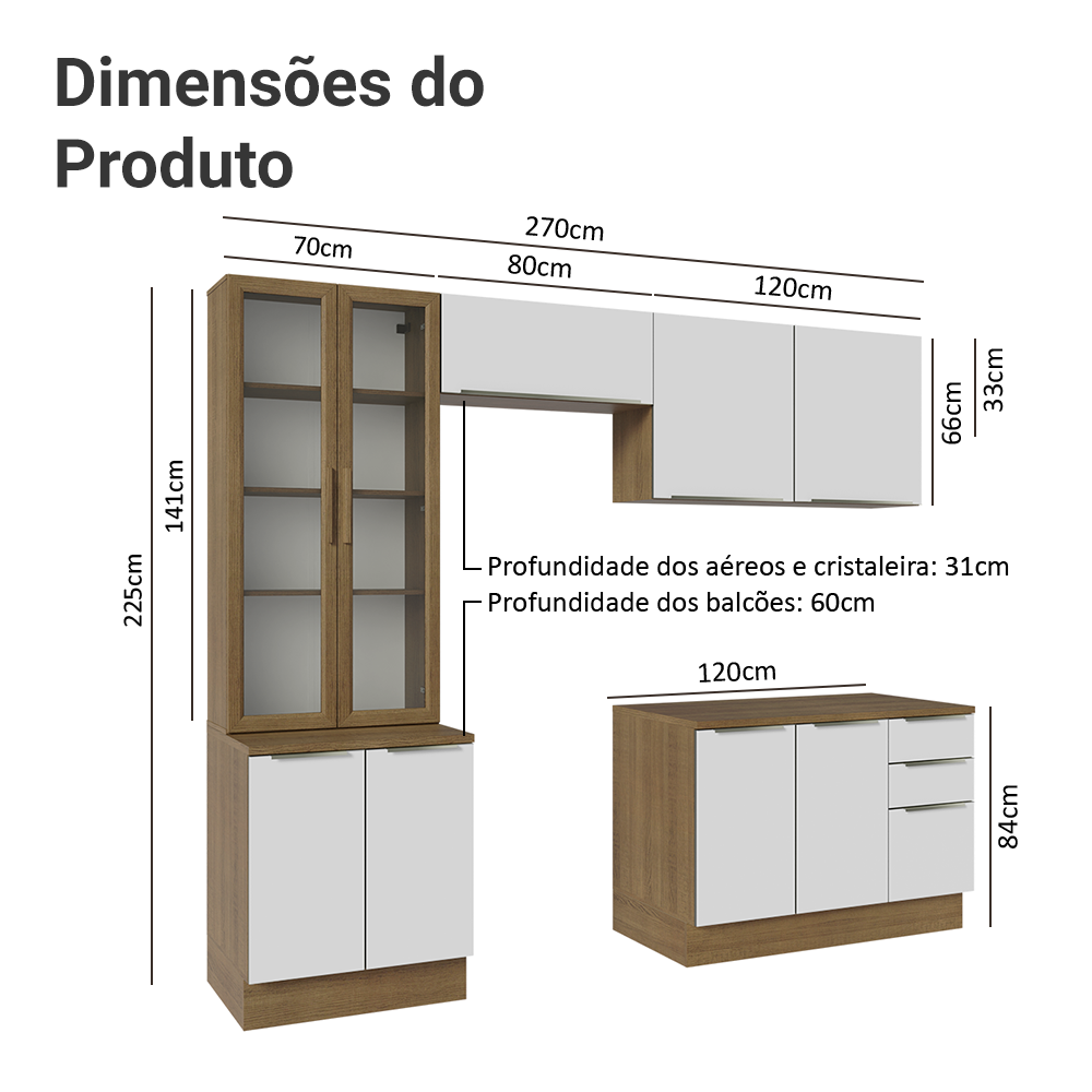 Armário de Cozinha Completa 270 x 60 cm Rustic/Branco Veludo Lux Madesa 04